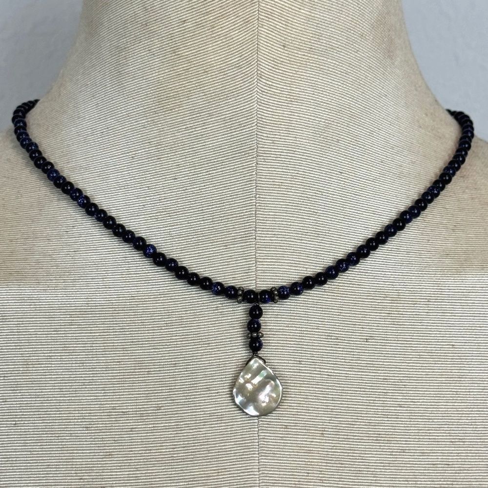 Beaded Black Blue Abalone Pendant Necklace 18”